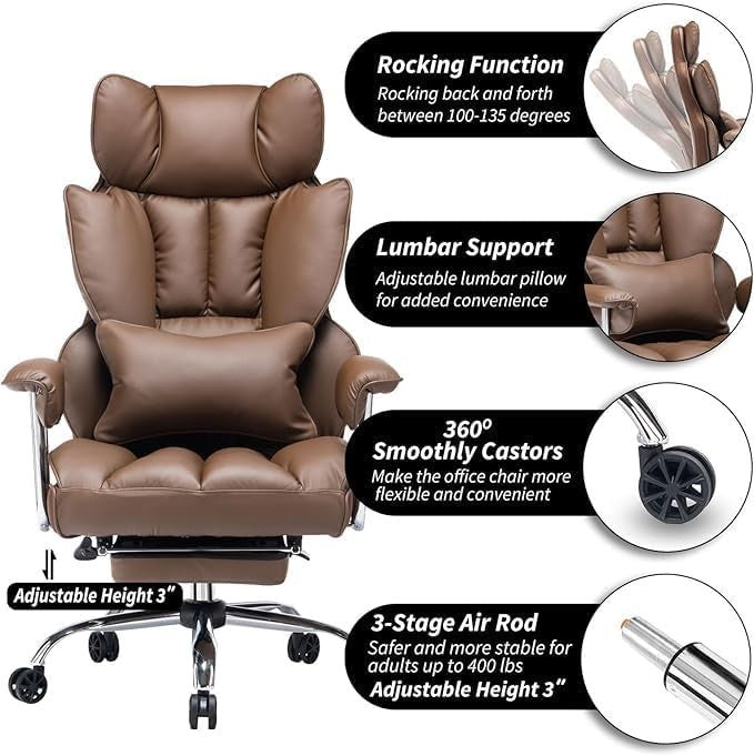 Executive Office Chair Large Tall PU Leather Footrest 135° Recline Swivel 200KG