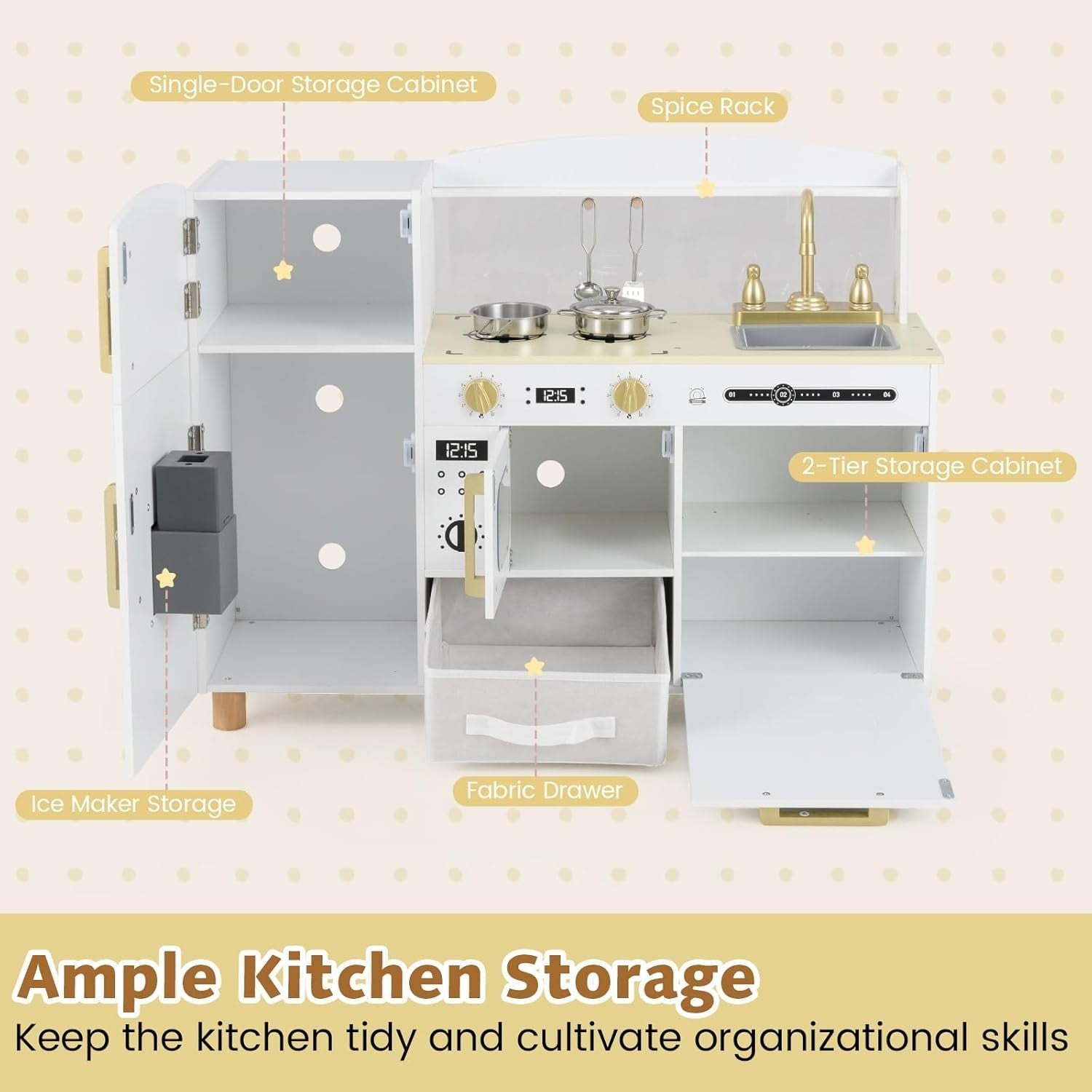 Wooden Kids Play Kitchen White w/ Ice Maker Sink Blackboard Set