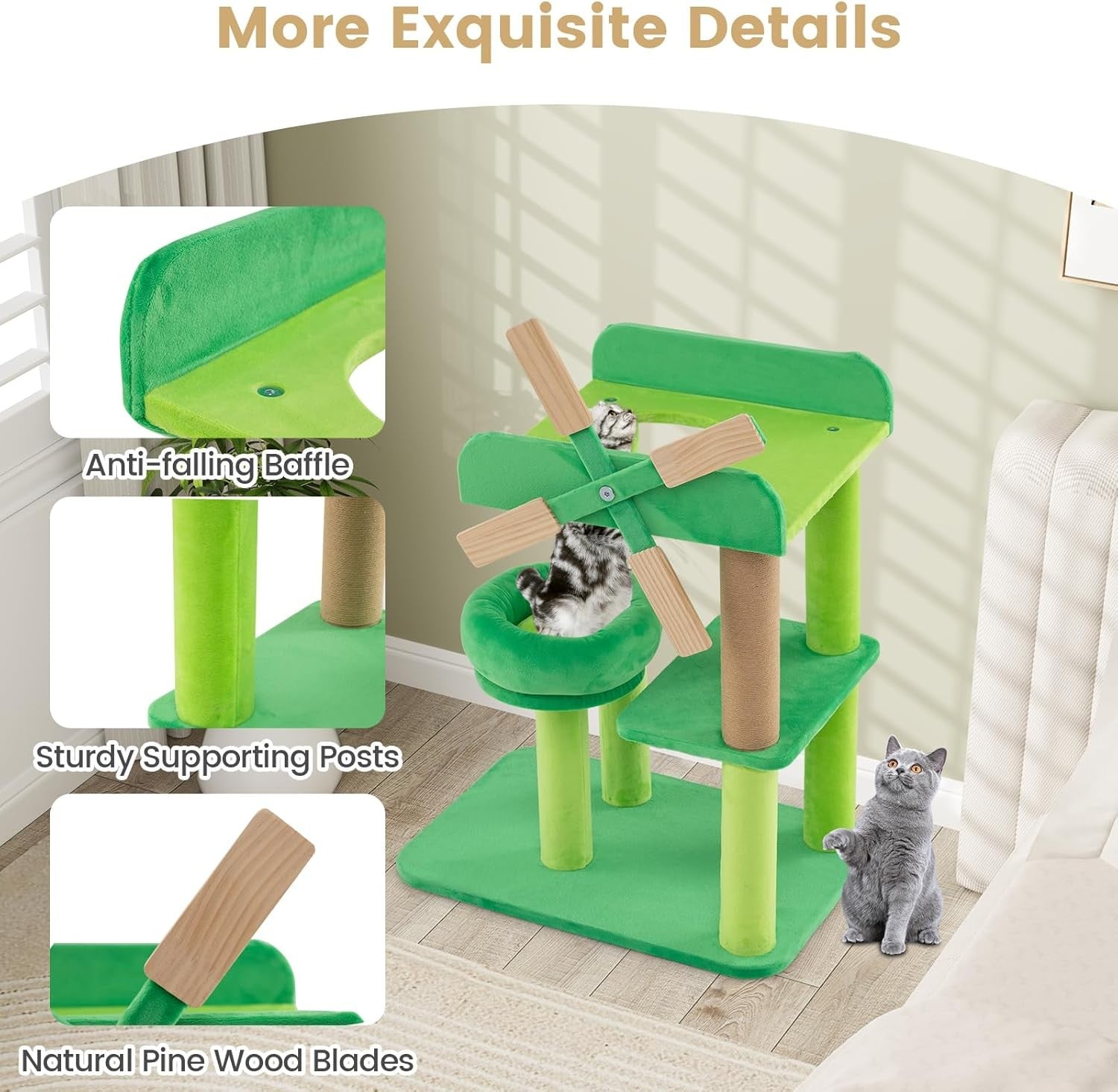 Green Windmill Cat Tree Multi-Level Scratching Tower Indoor Activity Center