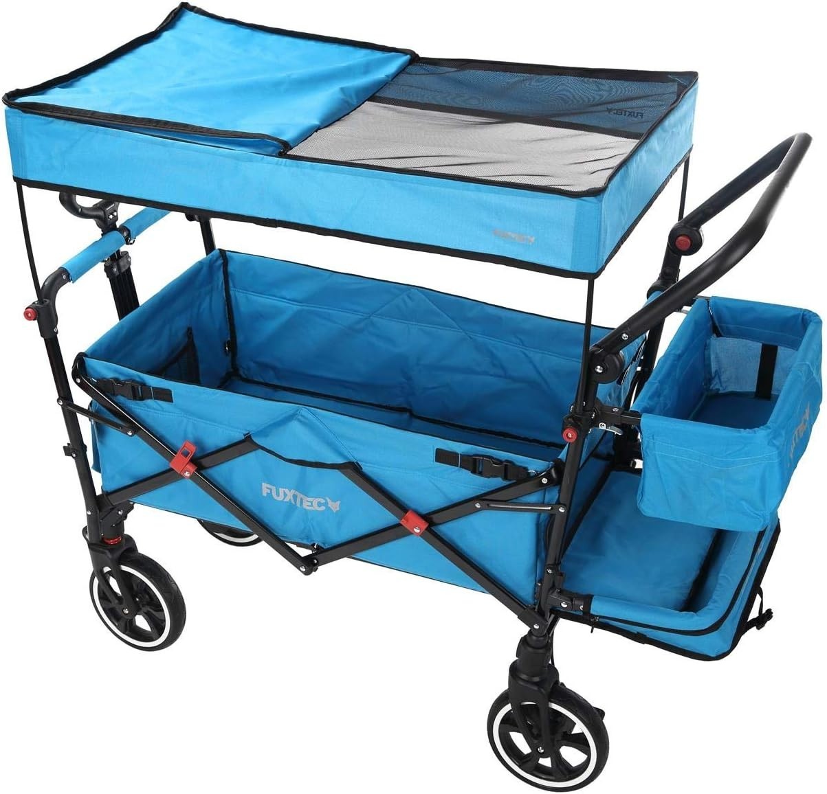 Blue Folding Stroller Wagon Kids Push Pull Cart w/ Canopy & Safety Harness