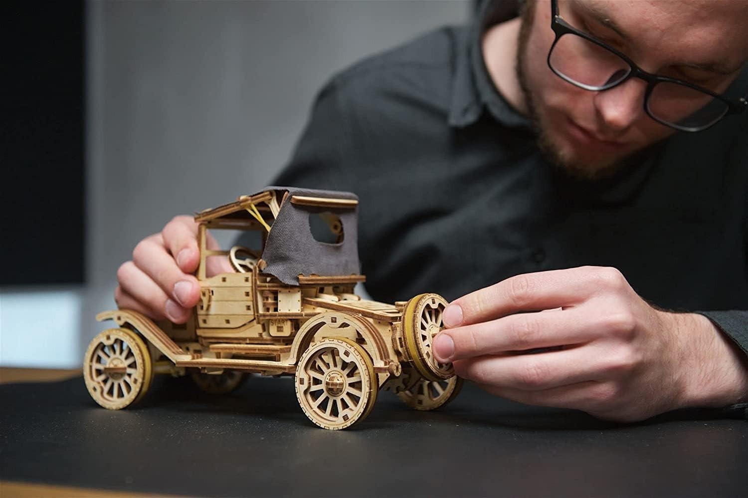 Vintage 3D Wooden Model Car Kit with Folding Roof & Working Engine Puzzle