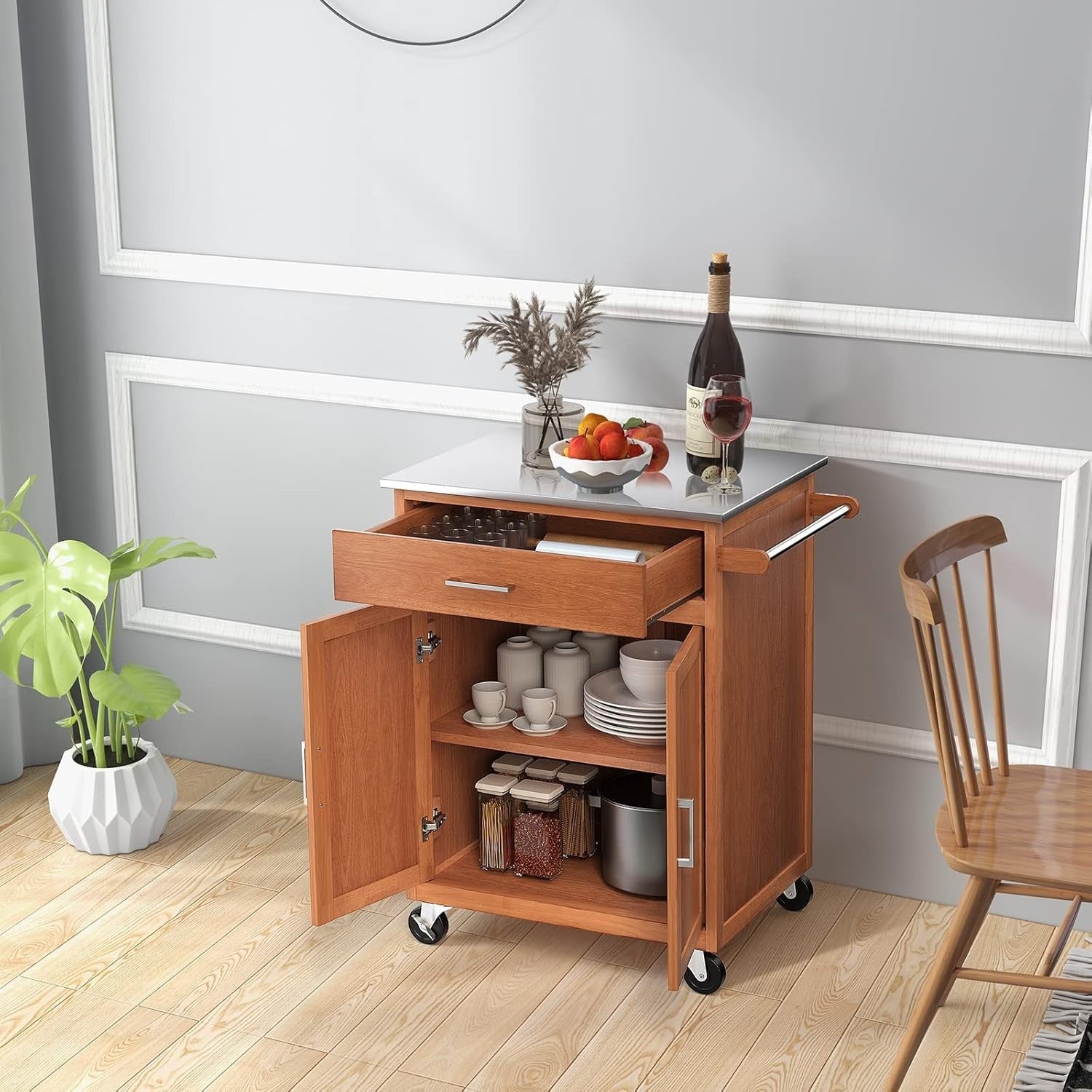 Kitchen Storage Trolley with Stainless Steel Top, Rolling Cart, Adjustable.