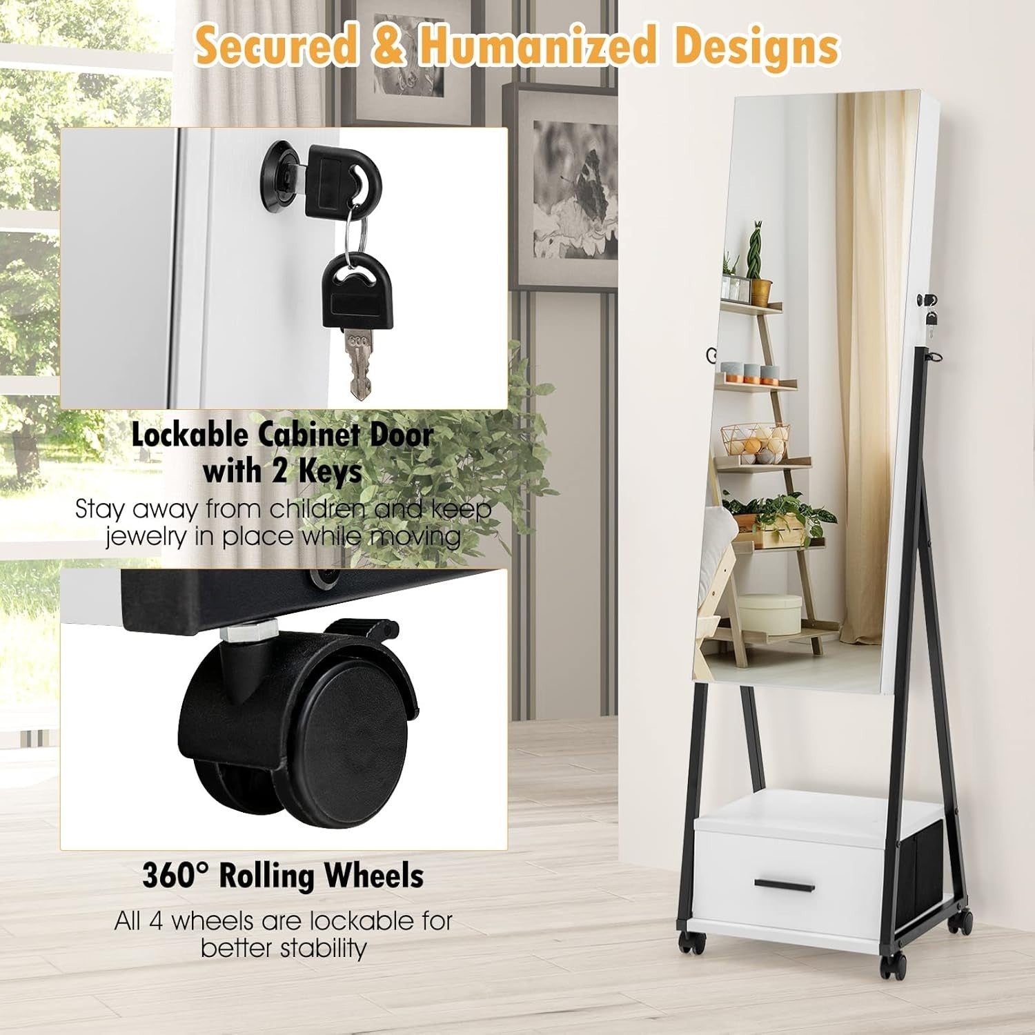 Rolling Jewelry Armoire with Full Length Mirror Lockable Cabinet White