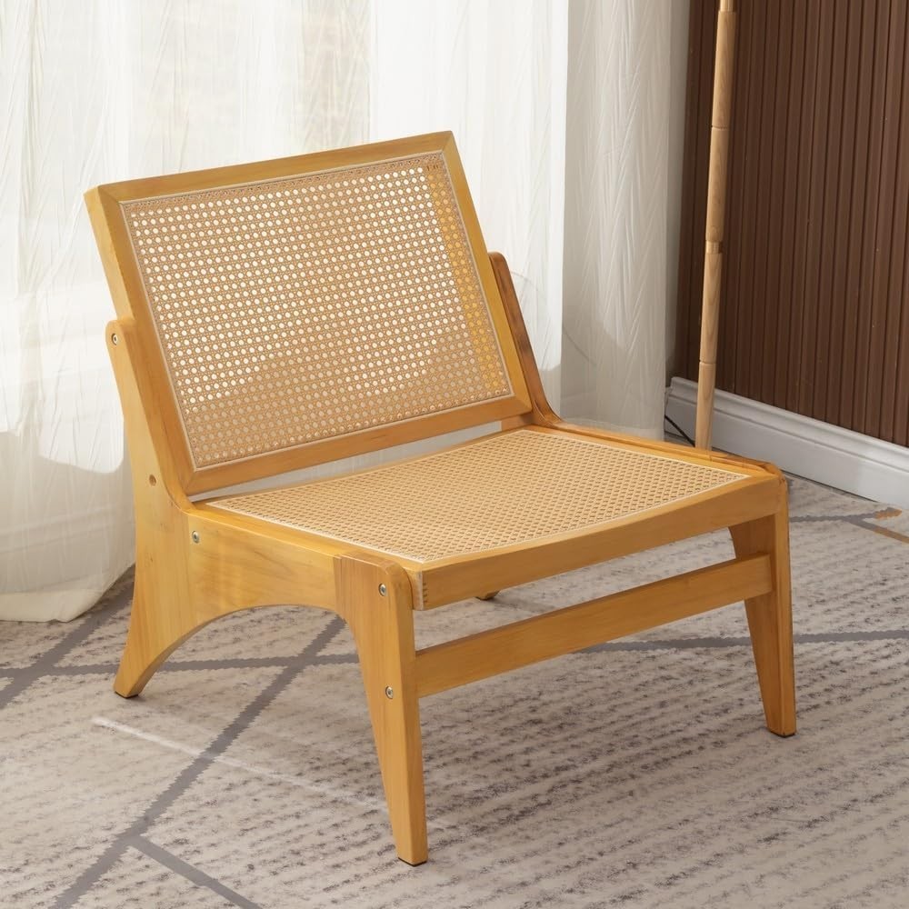 Rattan Accent Lounge Chair Natural Wood Frame Armchair for Living Room