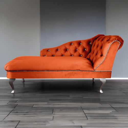 Velvet Chaise Lounge Sofa Right Hand Pumpkin – Tufted Seat, UK Handmade