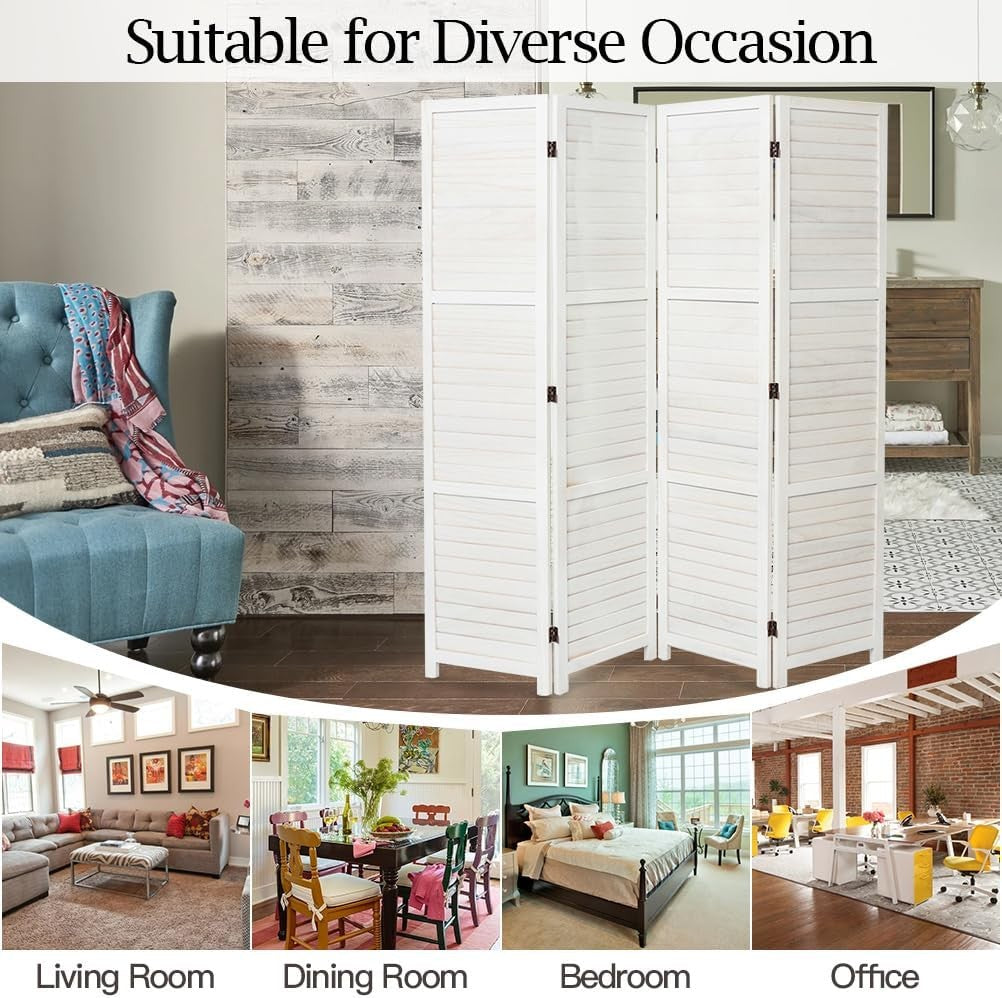 White 4 Panel Wooden Folding Room Divider Privacy Screen for Home Office 170cm