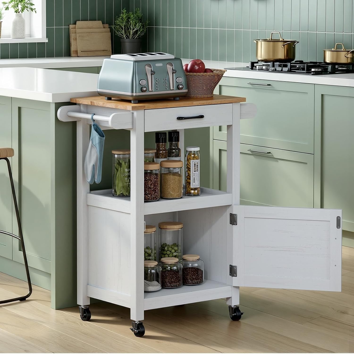Kitchen Island Trolley on Wheels Storage Cabinet with Drawer Towel Rail