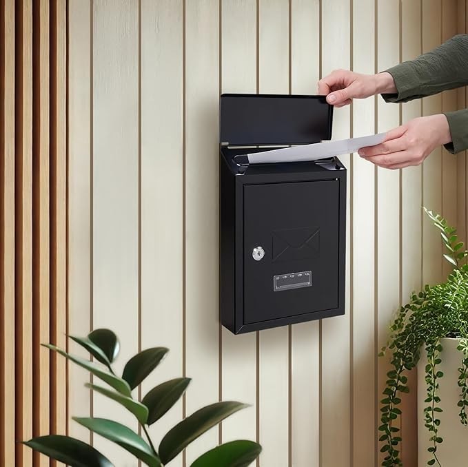 Lockable Wall Mounted Mailbox Black Steel Weatherproof Post Box A5 Slot