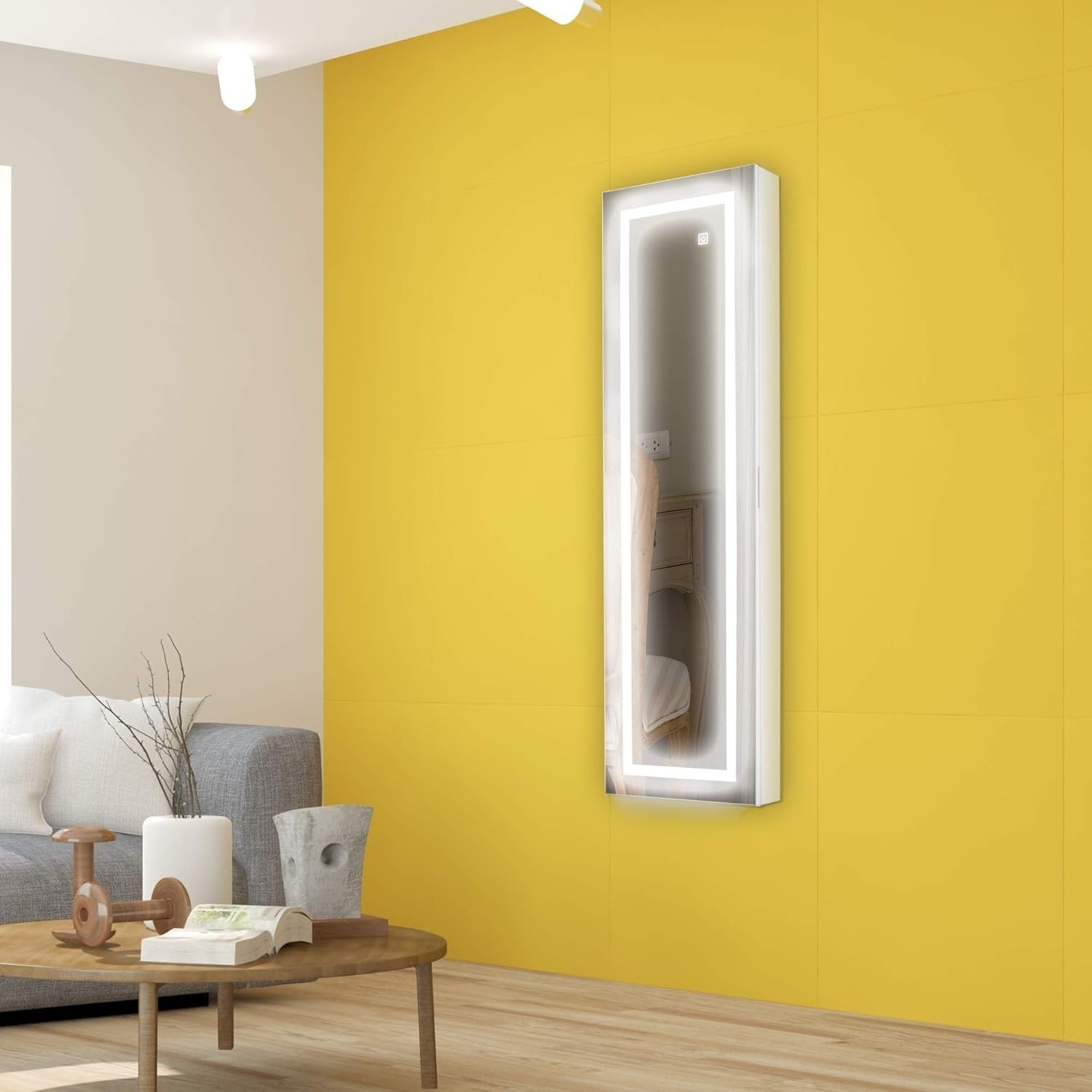 Wall Mounted Jewelry Cabinet LED Full Length Mirror Lockable Storage