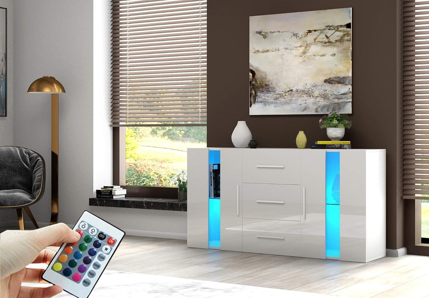 White Modern RGB LED Sideboard Cabinet 2 Doors 3 Drawers Storage Unit