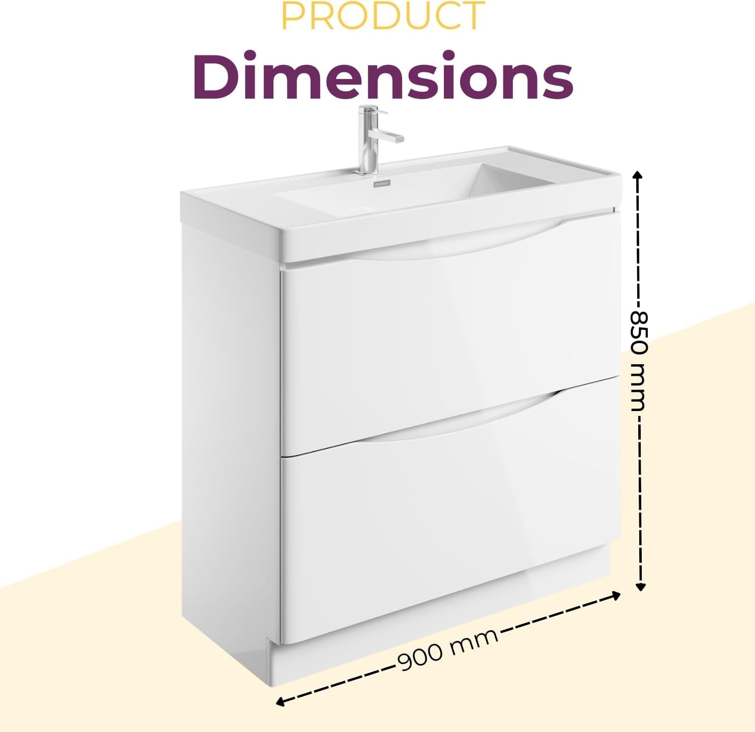 900mm Floor Standing Vanity Unit White Gloss Resin Basin Modern Bathroom Cabinet