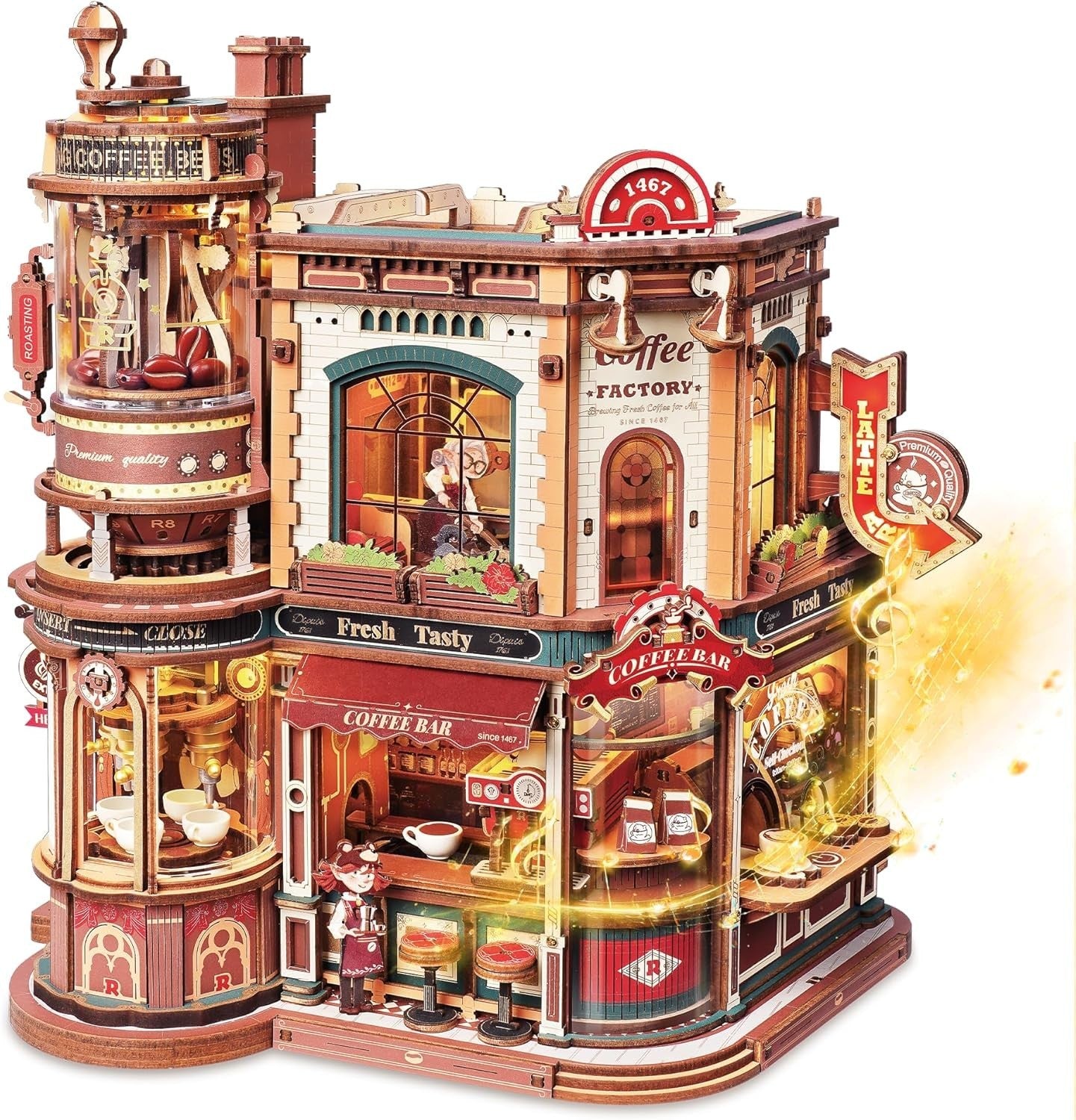 3D Wooden Coffee Factory Music Box Puzzle Kit LED Desk Decor Gift