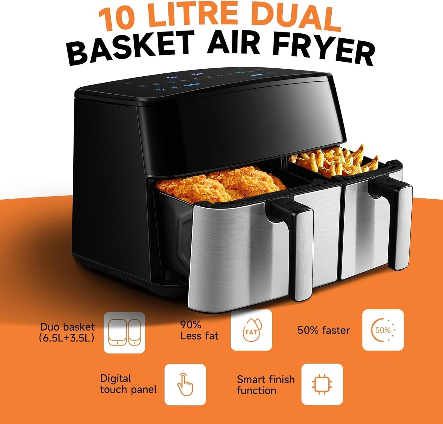 9L Dual Air Fryer | Double Drawer 4.5L x2 | 8 Presets | Touchscreen 1700W