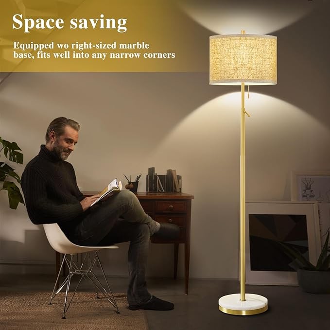 Gold Marble Floor Lamp Adjustable Height Fabric Shade Pull Chain Standing