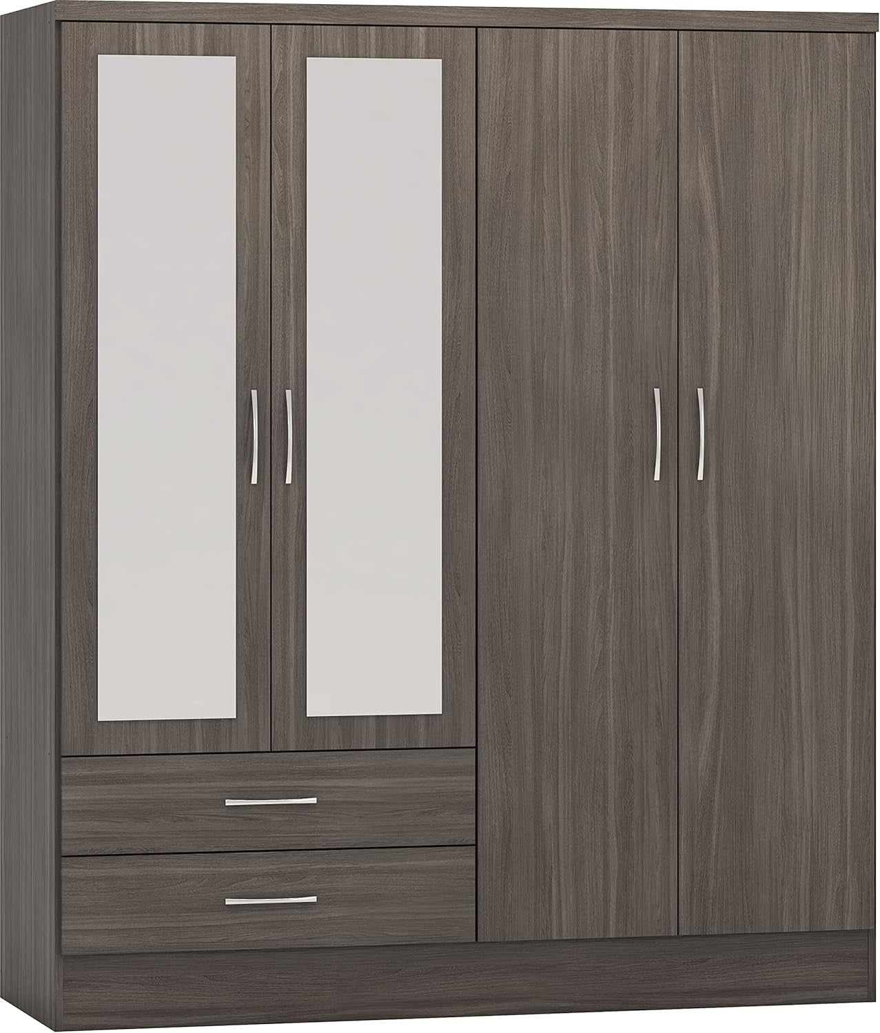 Modern 4 Door 2 Drawer Black Wood Grain Wardrobe with Mirror & Storage