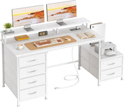 White 128cm Computer Desk with 6 Drawers, Power Outlets & Monitor Stand