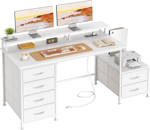 White 128cm Computer Desk with 6 Drawers, Power Outlets & Monitor Stand
