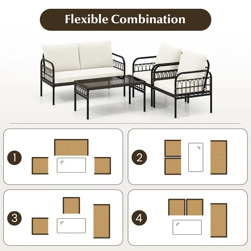 4PC Garden Patio Furniture Set – Rattan Chairs, Loveseat & Glass Table