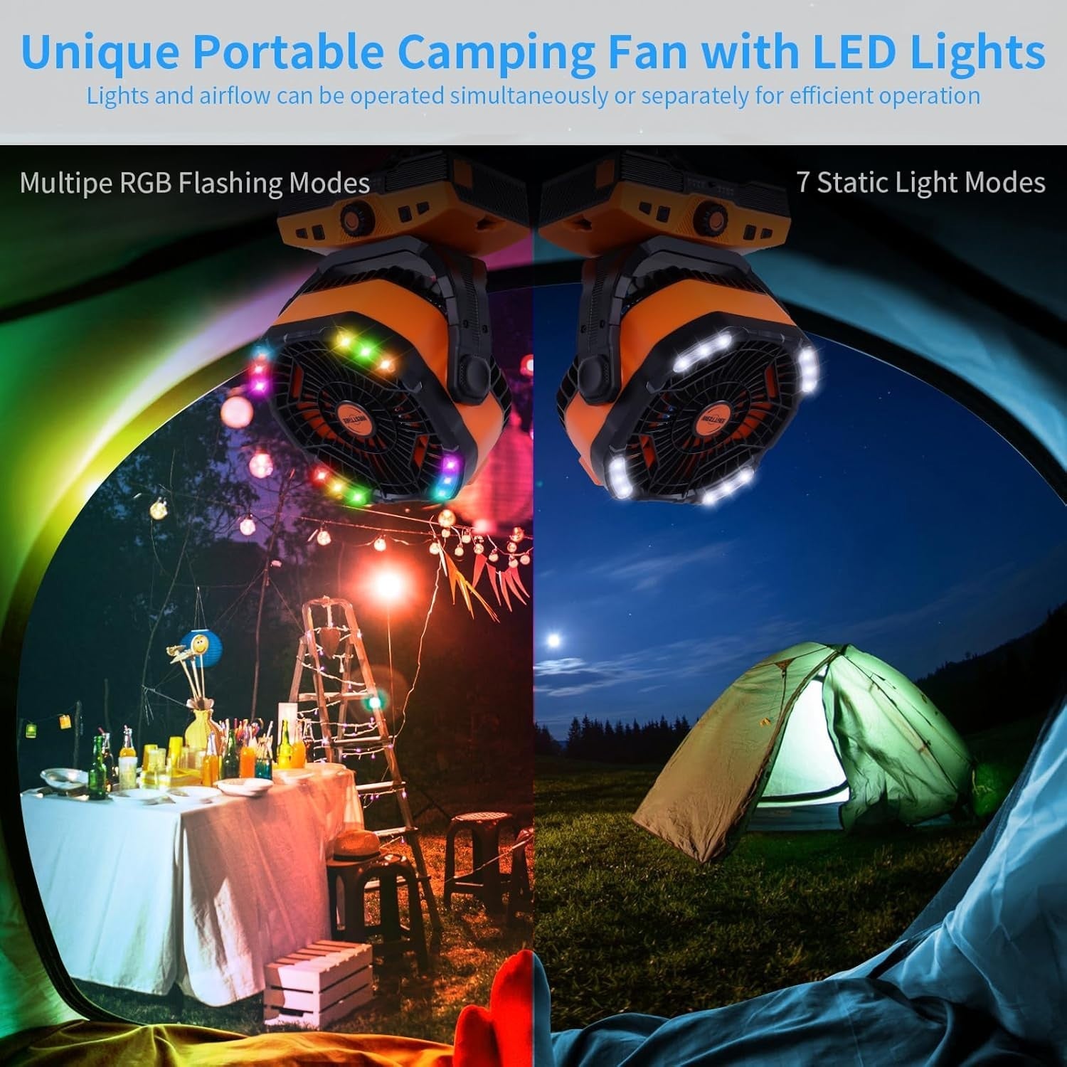 Camping Fan 20000mAh Rechargeable – Portable LED Light Desk Fan w/ Remote Orange