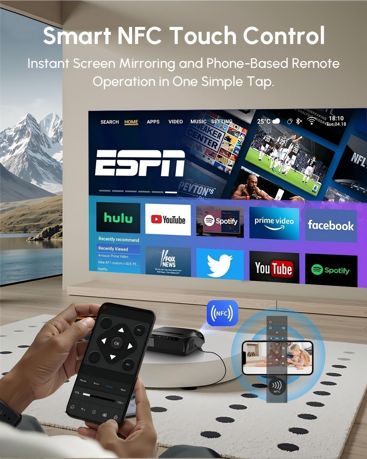 1800 ANSI Smart 4K Projector Daylight WiFi 6 Bluetooth NFC HDR