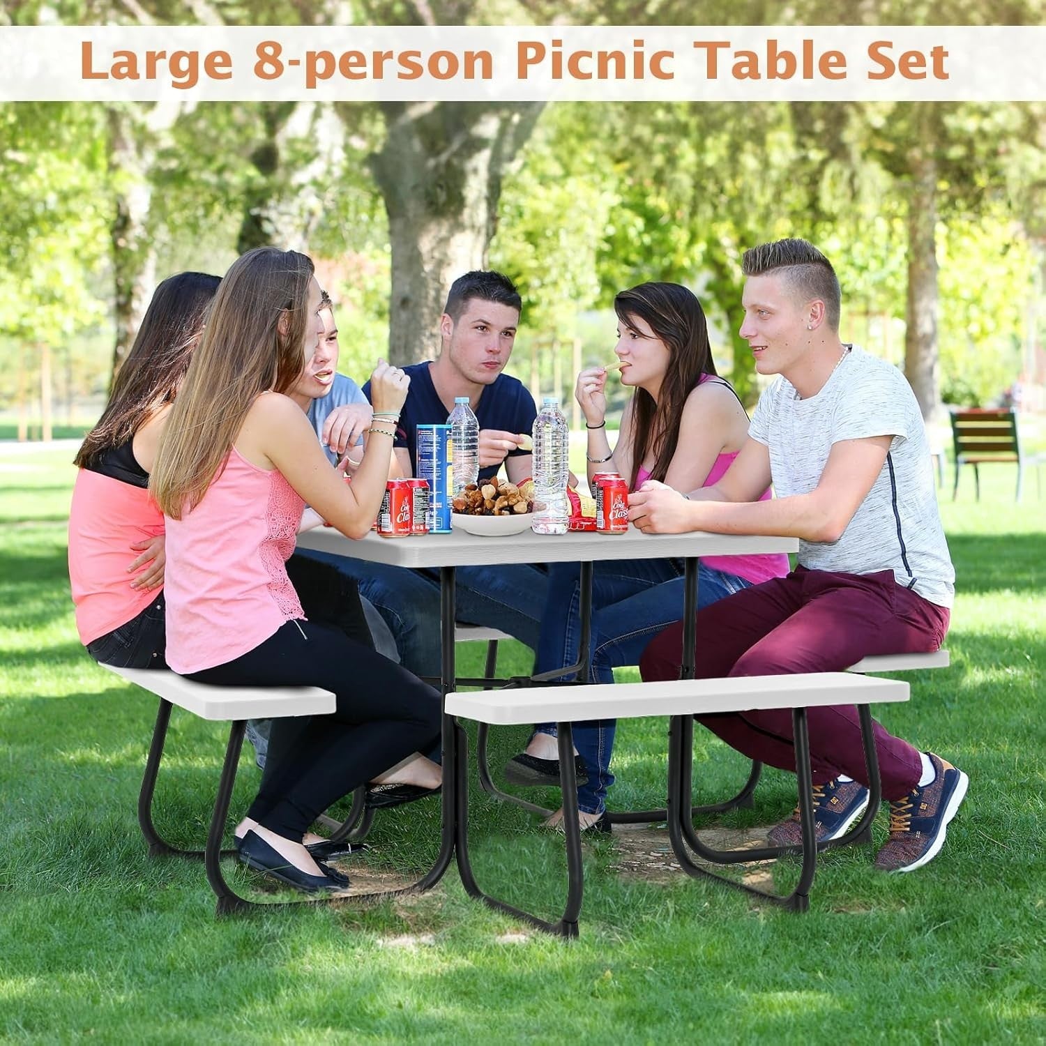 8 Seater Outdoor Picnic Table Set with Benches & Umbrella Hole – White