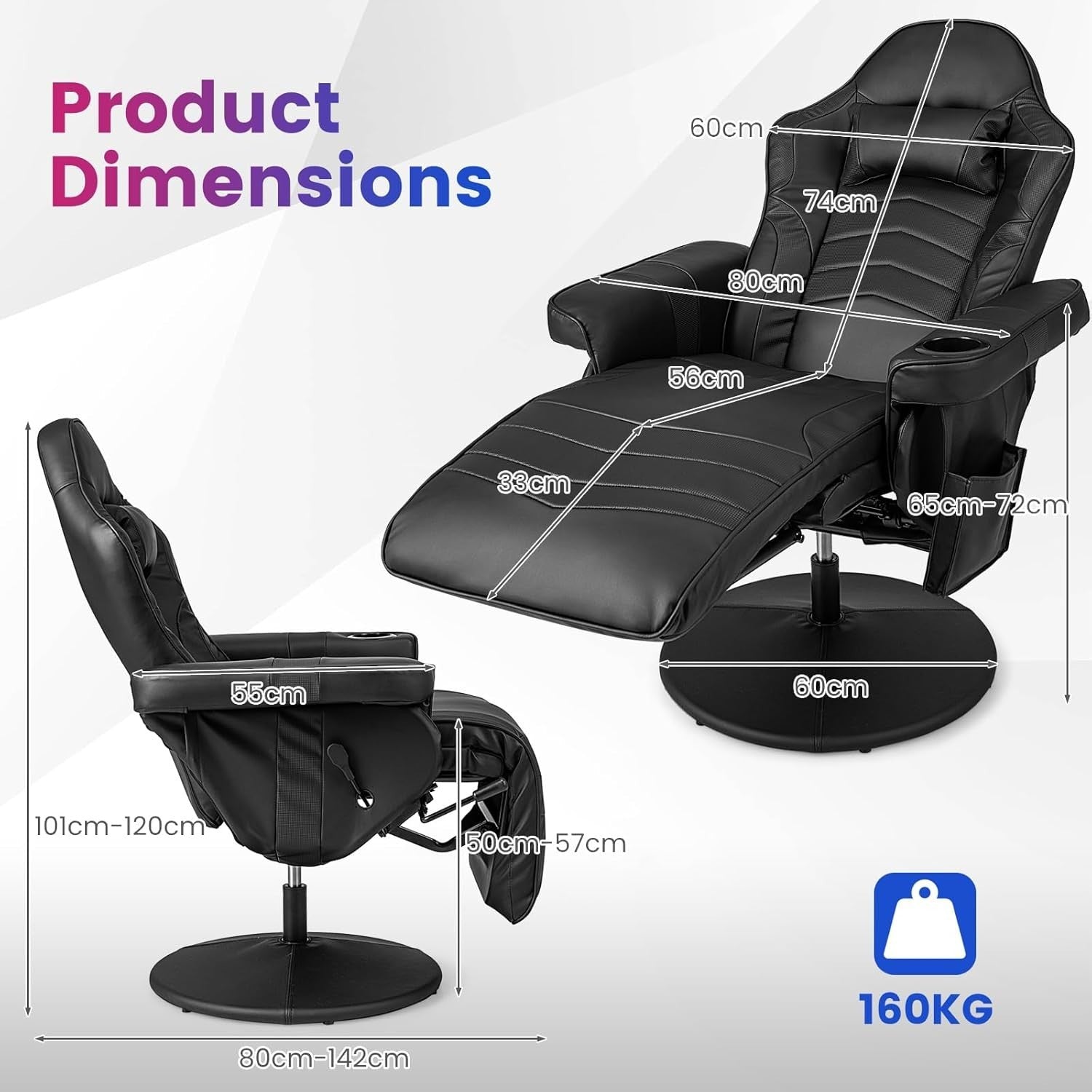 Massage Gaming Recliner Chair Swivel Adjustable Footrest PU Leather Black