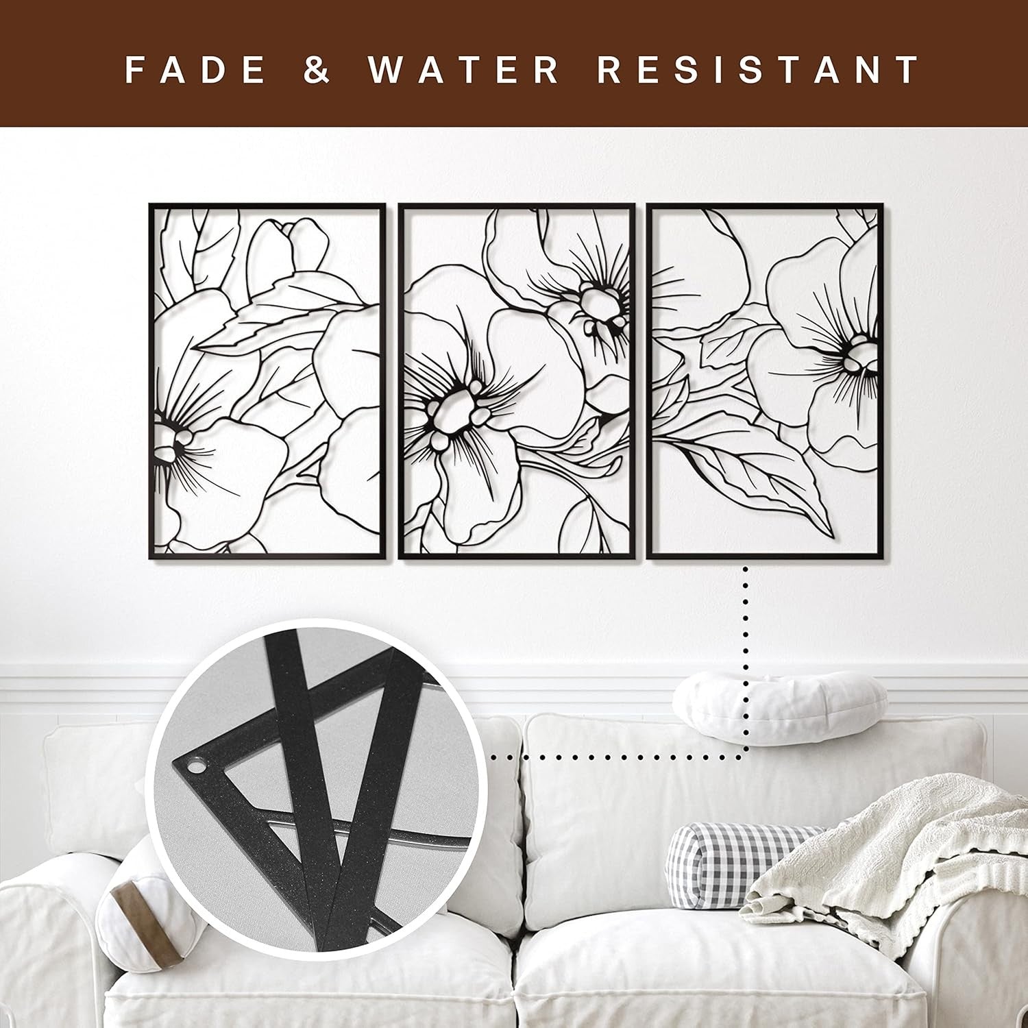 Black Minimalist Floral Wall Art 18x12in 3-Pack Metal Decor