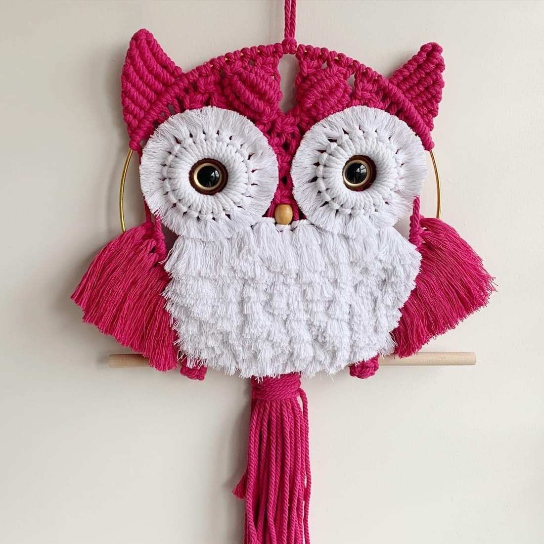 Fuchsia Macrame Owl Wall Hanging Boho Fiber Art Home Decor