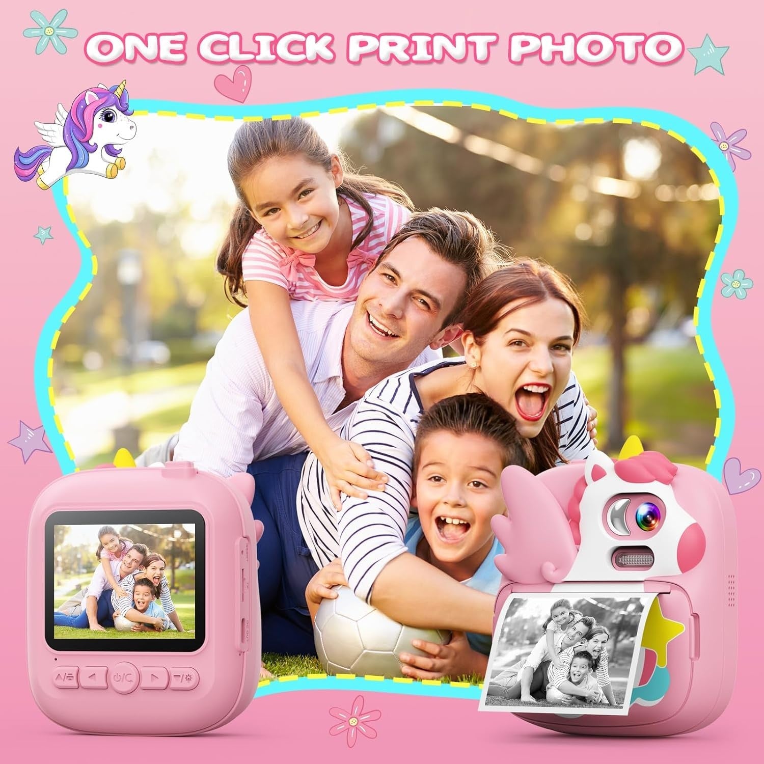 Kids Instant Print Camera 12MP 1080P HD 32GB Card Photo Paper Pink