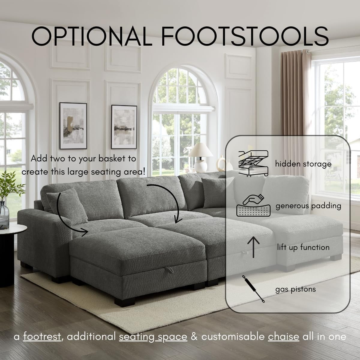 Grey Chenille Corner Sofa – 5 Seater Right Hand L Shape Couch w/ Footstool