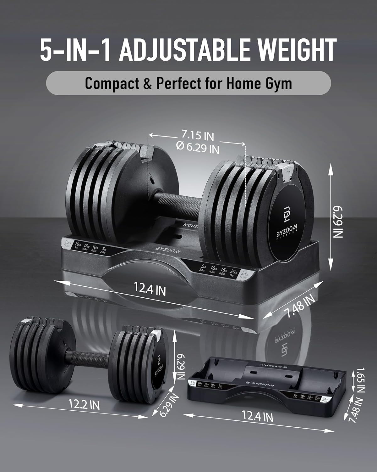 Single Adjustable Dumbbell 25lb 5-in-1 Quick Select Smart Home Gym Weight