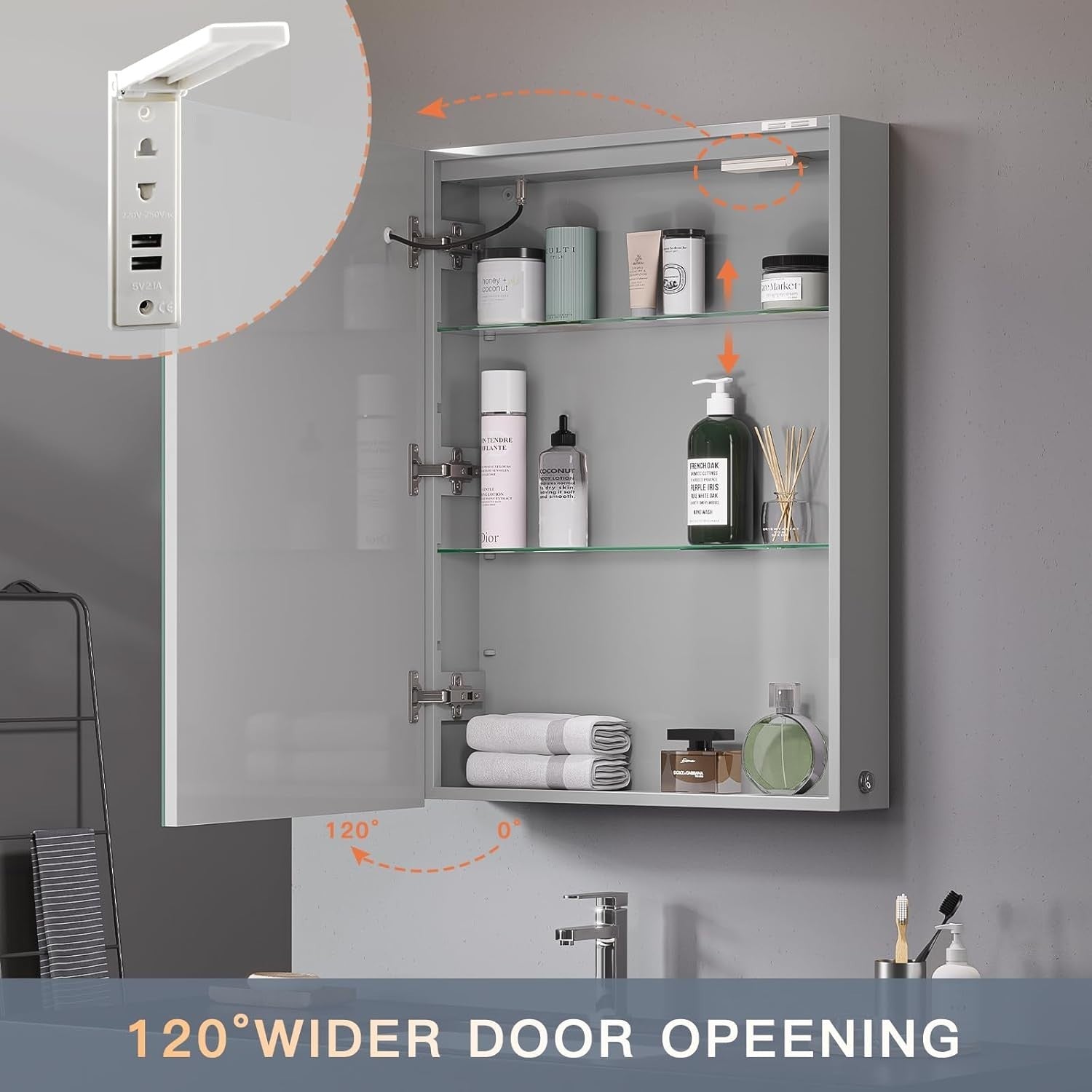 LED Bathroom Mirror Cabinet with Demister, Shaver Socket & Dimmable Light