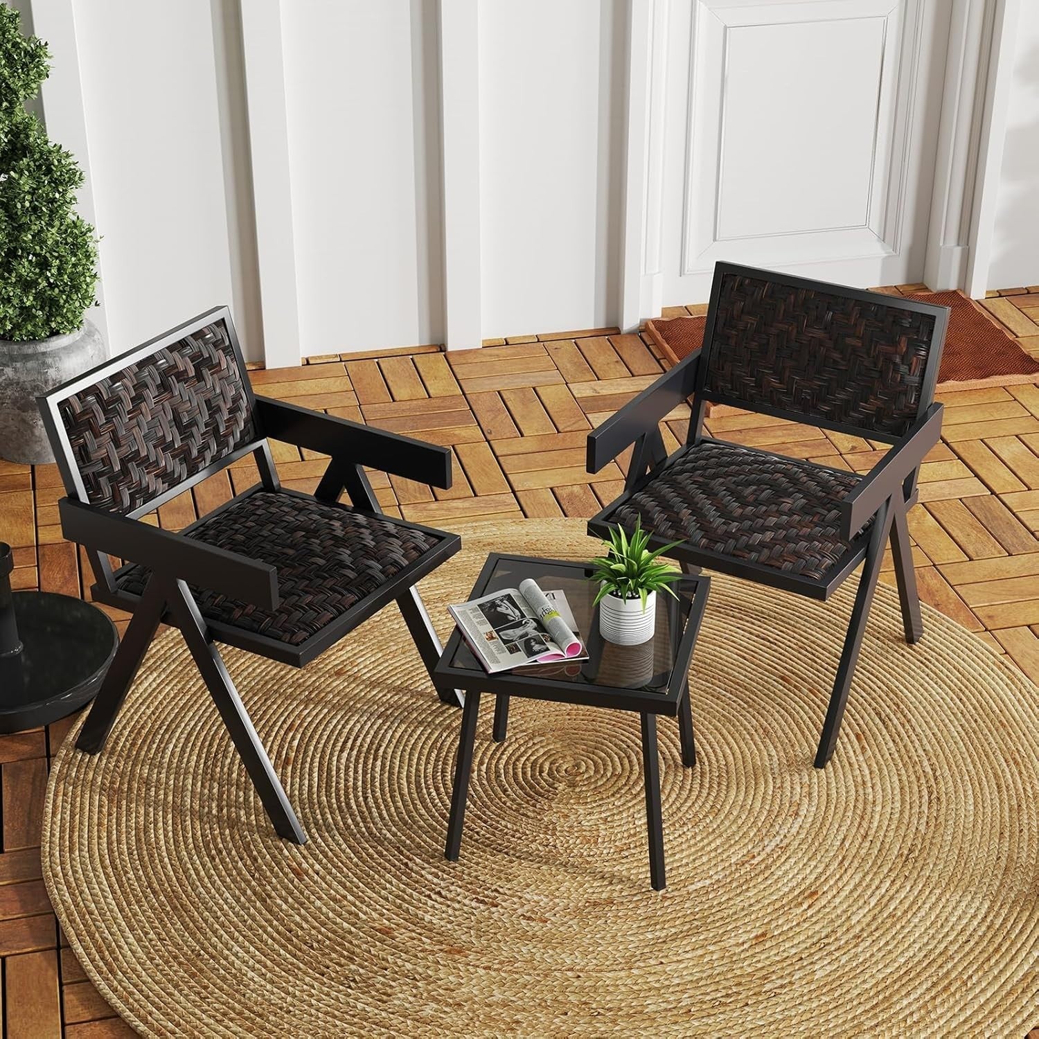 Compact Outdoor Rattan Bistro Set Quick-Dry Chairs Coffee Table Patio