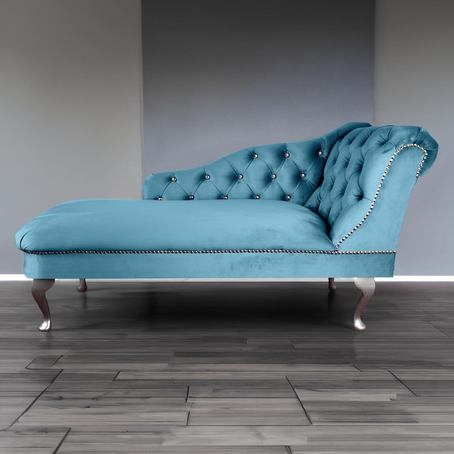 Velvet Chaise Lounge Sofa Right Hand Sky – Tufted Seat, UK Handmade