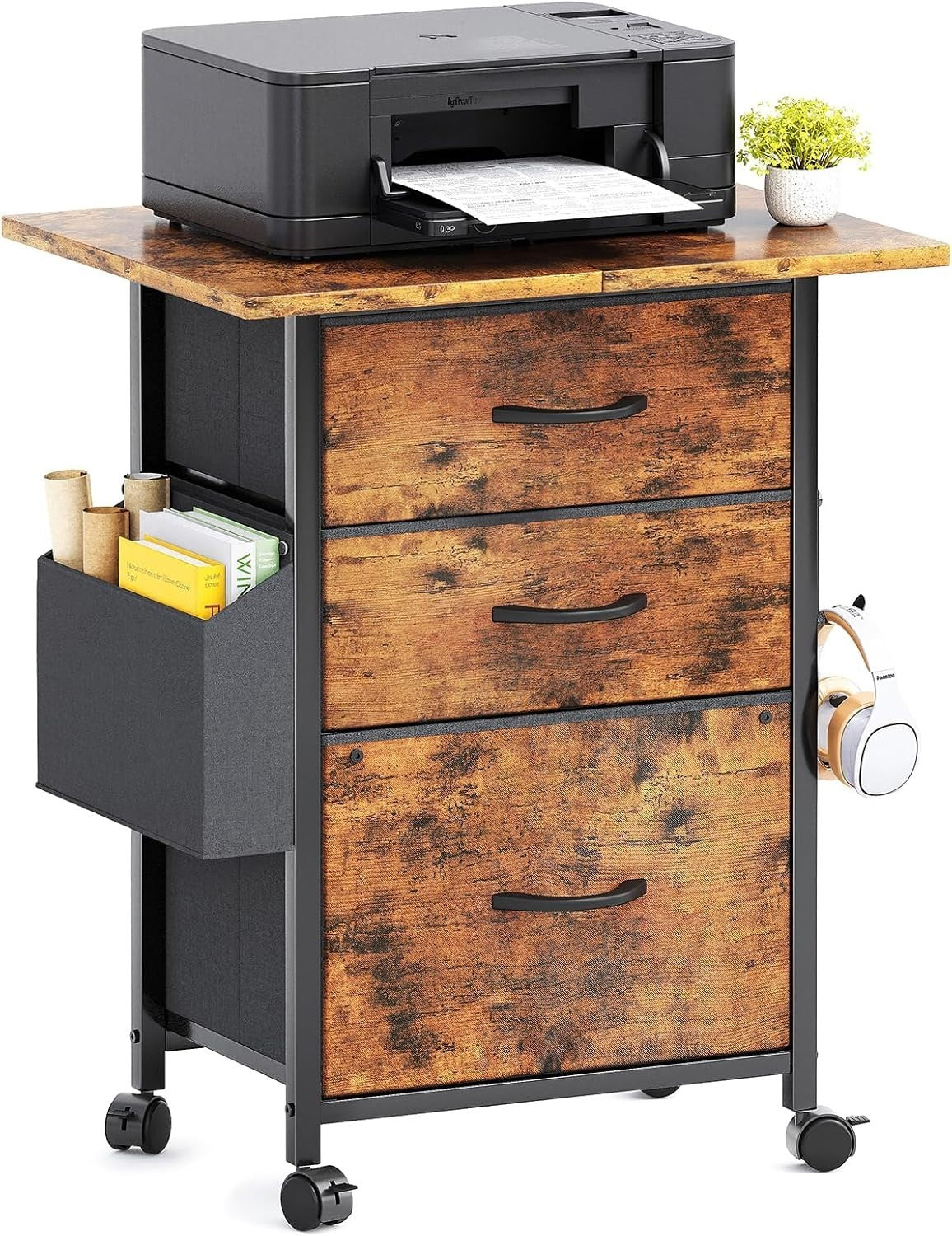Rustic Mobile File Cabinet 3 Drawer Fabric Rolling Printer Stand