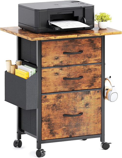 Rustic Mobile File Cabinet 3 Drawer Fabric Rolling Printer Stand