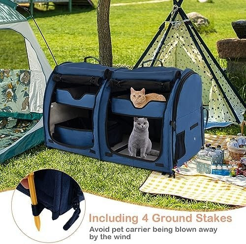 Foldable 2-in-1 Pet Carrier Navy Cat Dog Travel Crate with Hammocks & Litter Box