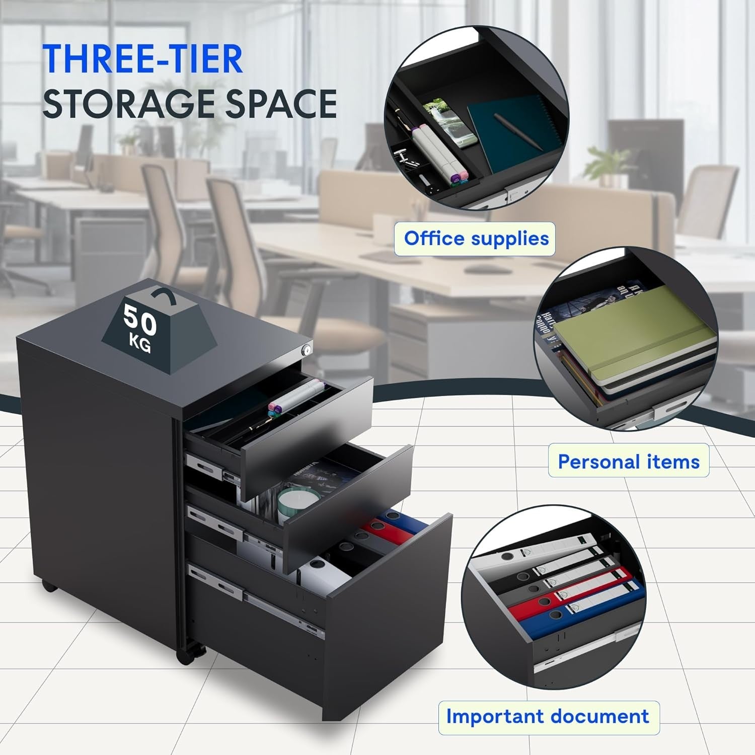 Black Mobile Filing Cabinet 3 Drawer Lockable Under Desk Steel