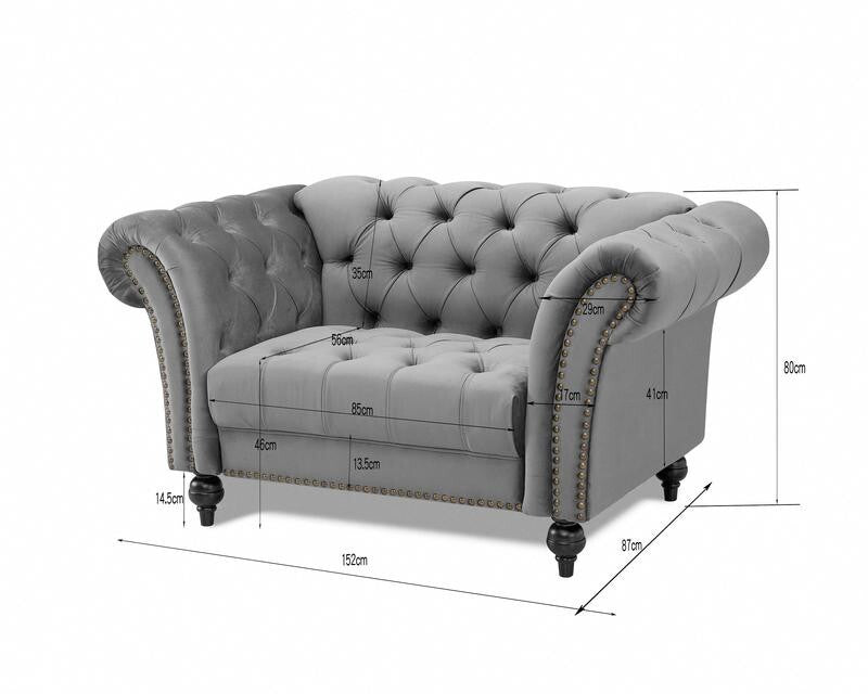 Grey Velvet Chesterfield Armchair 1.5 Seater Sofa Tufted Wood Legs