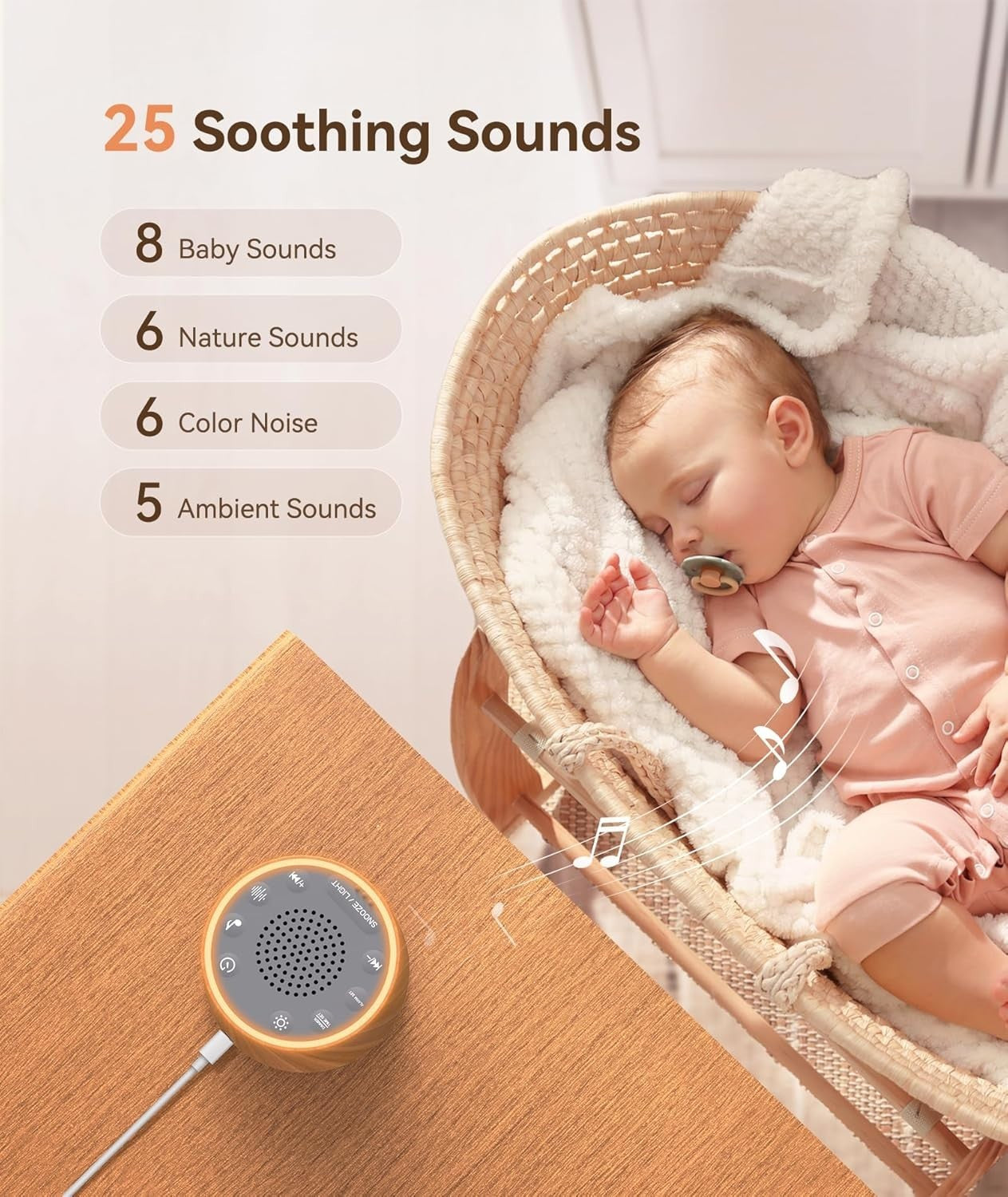Baby Wood Grain Noise Machine with Night Light – 25 Soothing Sounds, Alarm