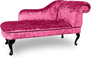 Luxury Left Hand Velvet Chaise Lounge Chair Boysenberry with Queen Anne Legs.