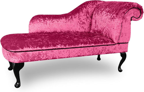 Luxury Left Hand Velvet Chaise Lounge Chair Boysenberry with Queen Anne Legs.