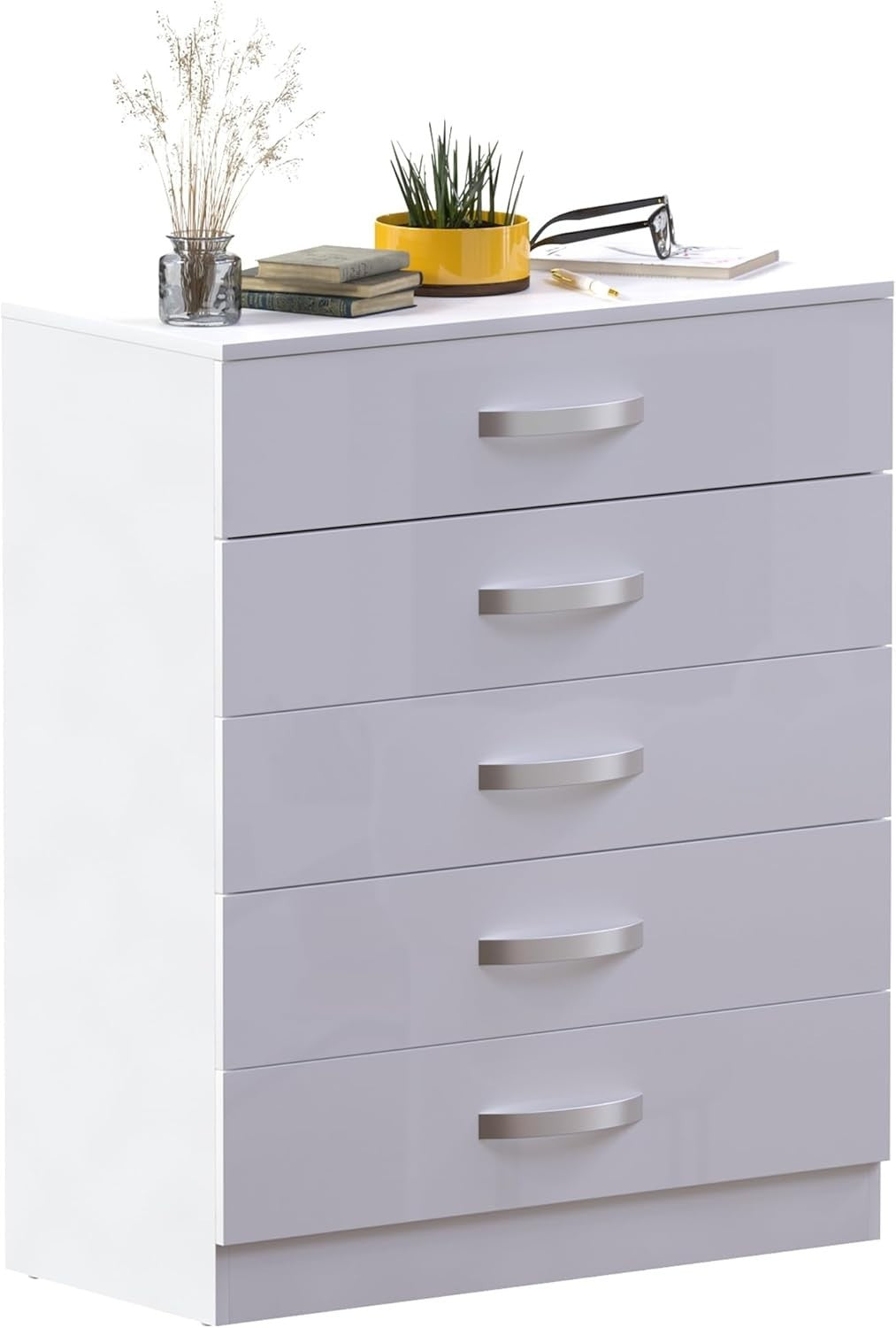 White High Gloss 5 Drawer Chest Storage Cabinet with Smooth Glide Drawers