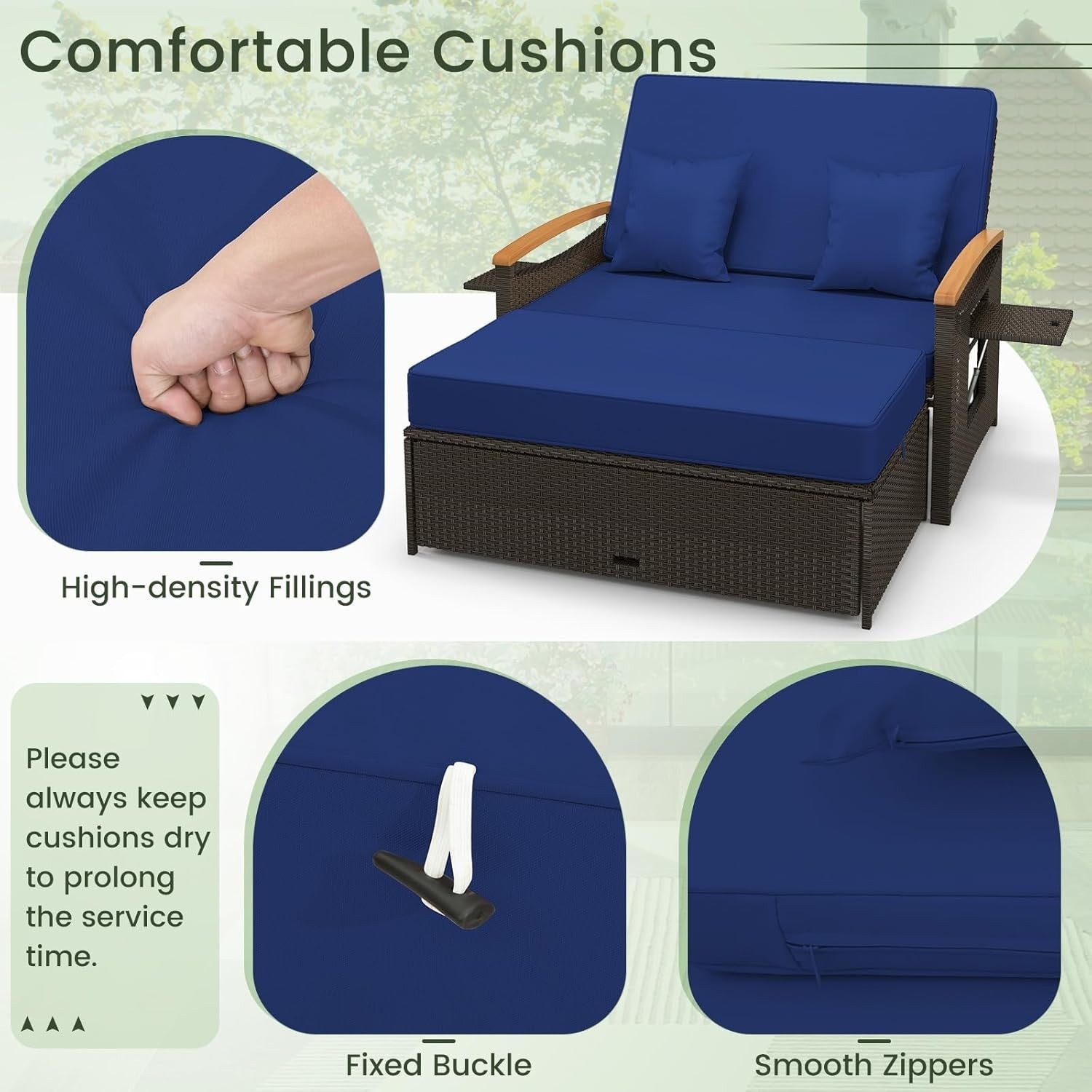 Adjustable Outdoor Rattan Daybed Double Chaise Lounge with Storage & Cushions