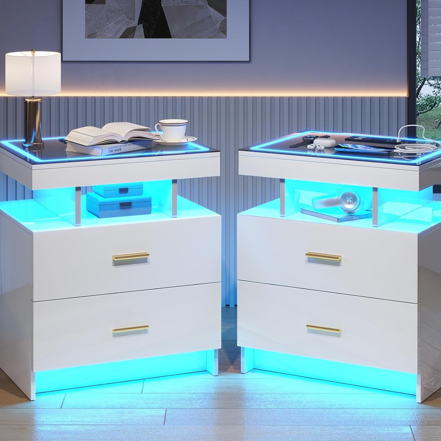 Set of 2 White LED Bedside Tables Wireless Charging, Glass Top & Drawers