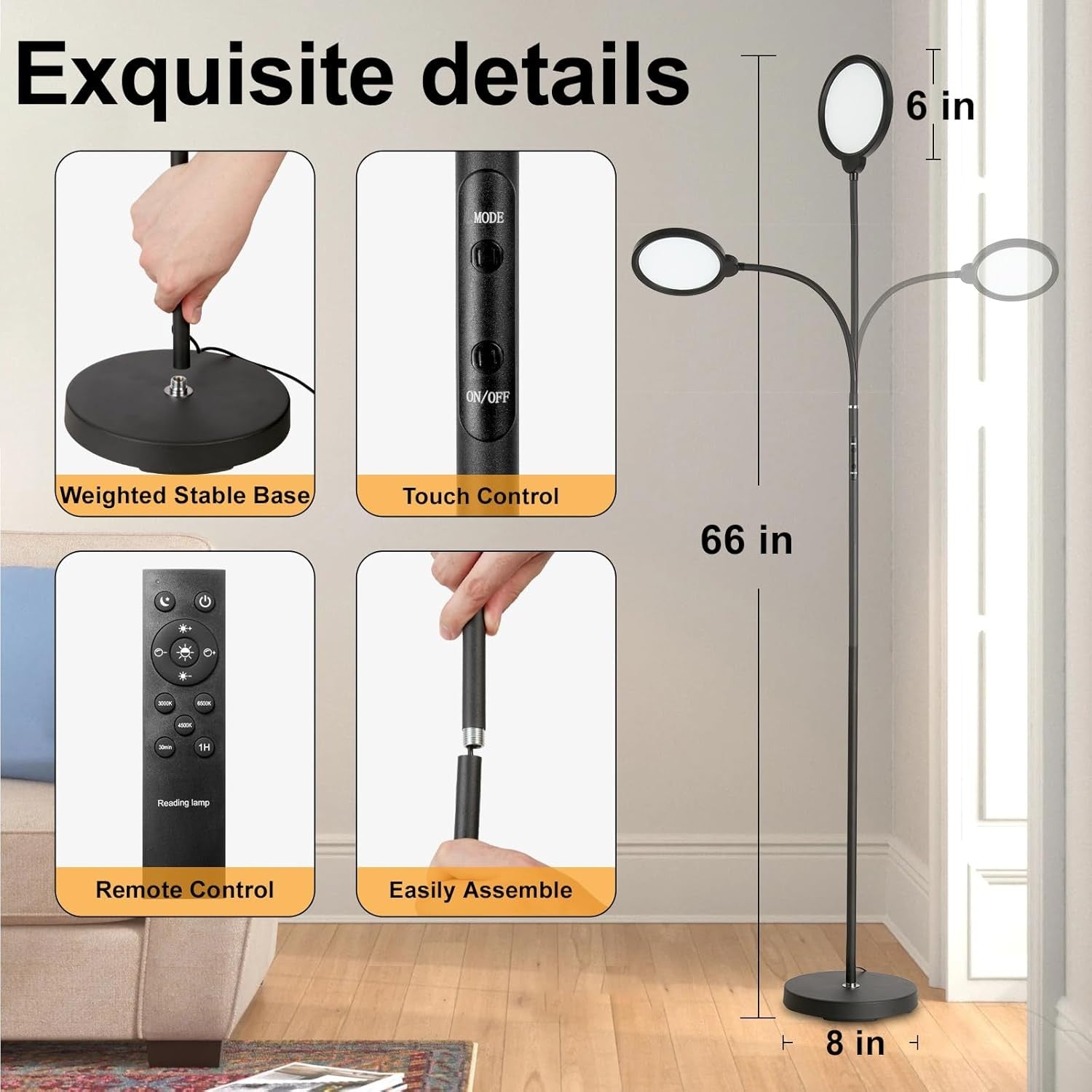 LED Floor Lamp Reading Light Dimmable Gooseneck Remote Touch Control