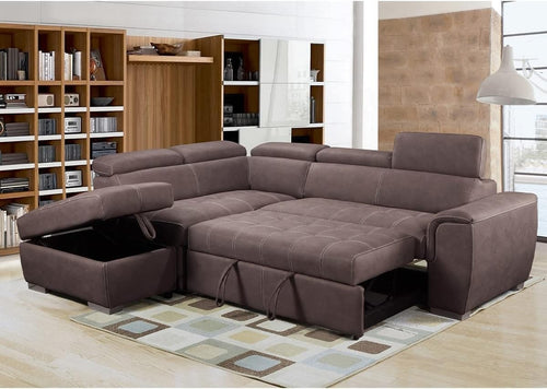 Large Brown Suede Corner Sofa Bed w/ Ottoman – L Shape, Storage & Headrest