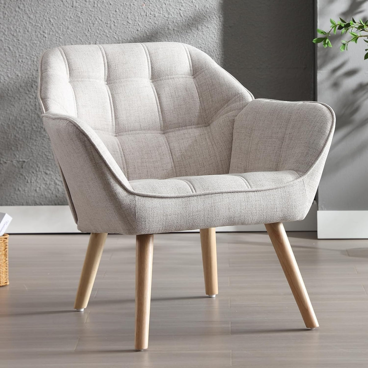 Linen Accent Armchair Beige Upholstered Tub Chair Wood Legs