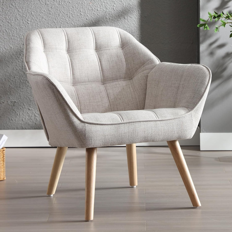 Linen Accent Armchair Beige Upholstered Tub Chair Wood Legs