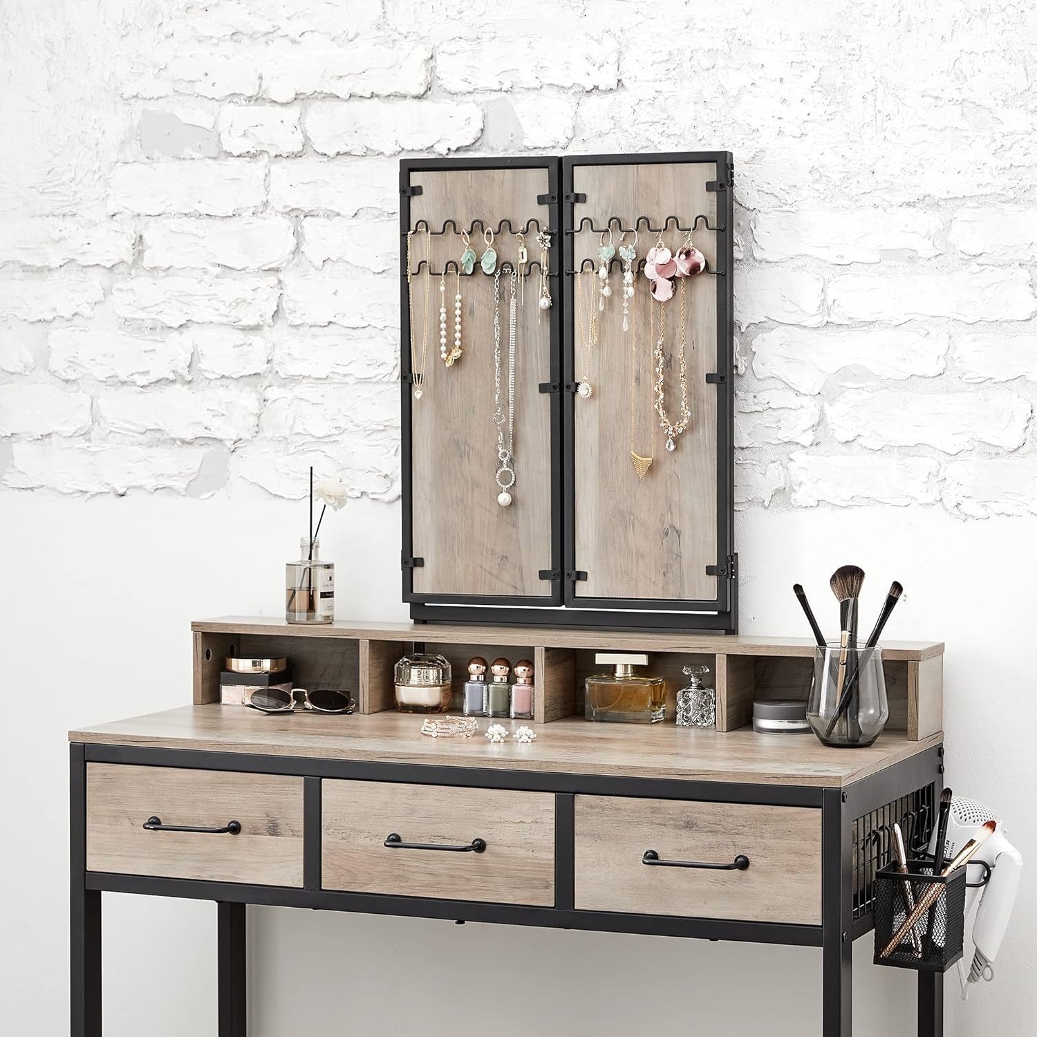Vanity Dressing Table Set w/ Tri-Fold Mirror, 3 Drawers, Stool, Storage Rustic B